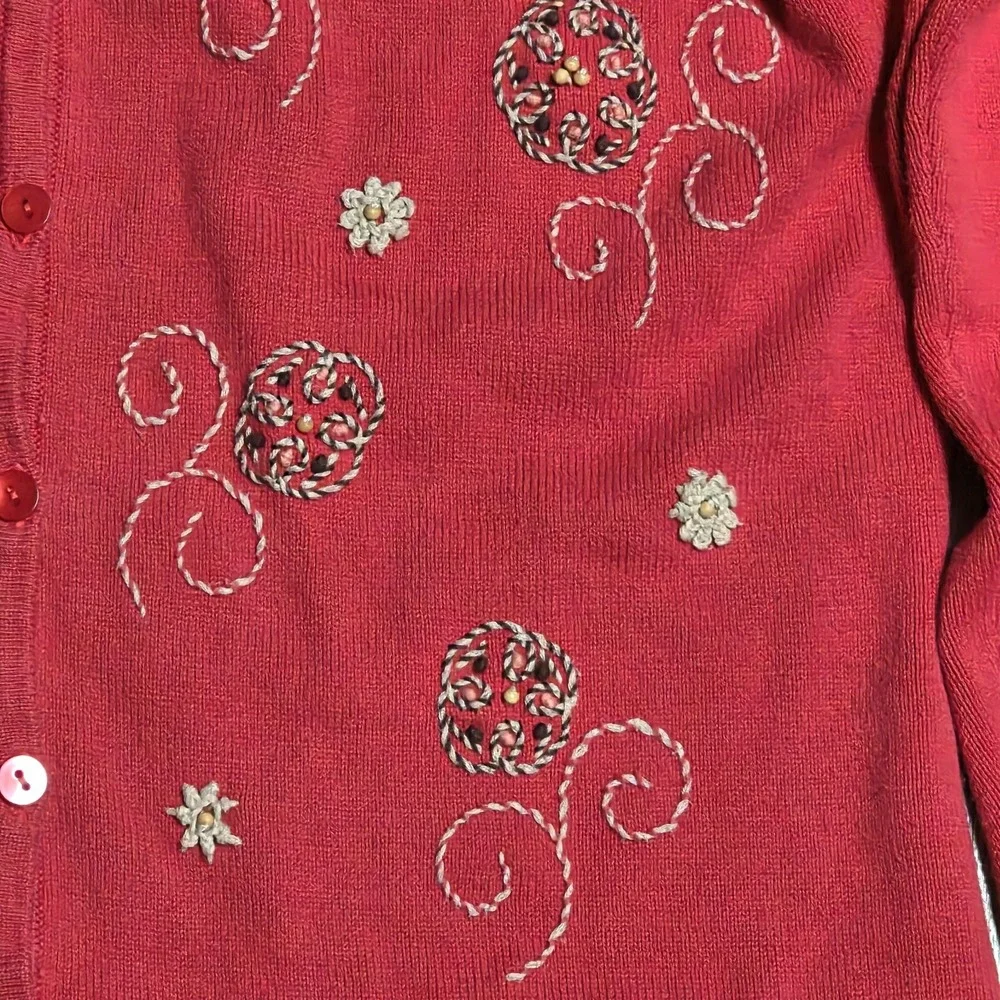 Vintage Talbots Embroidered Cardigan Sweater Women's Size‎ L Red Floral Buttons